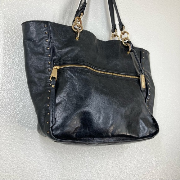 Badgley Mischka Handbags - BADGLEY MISCHKA Black Tessa Shine Leather Studded Tote Handbag 17x13"